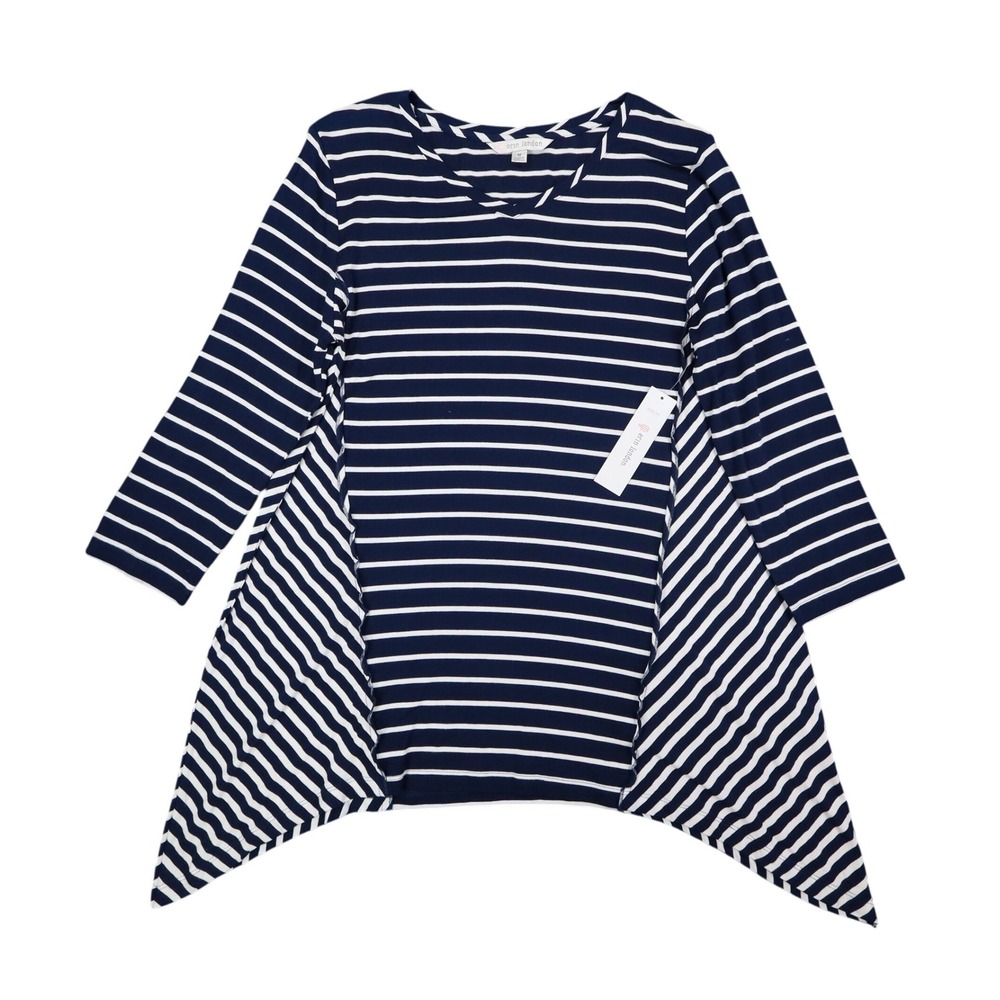 Erin London Tunic Top Womens Medium Navy Blue White Striped Sharkbite Hem NWT